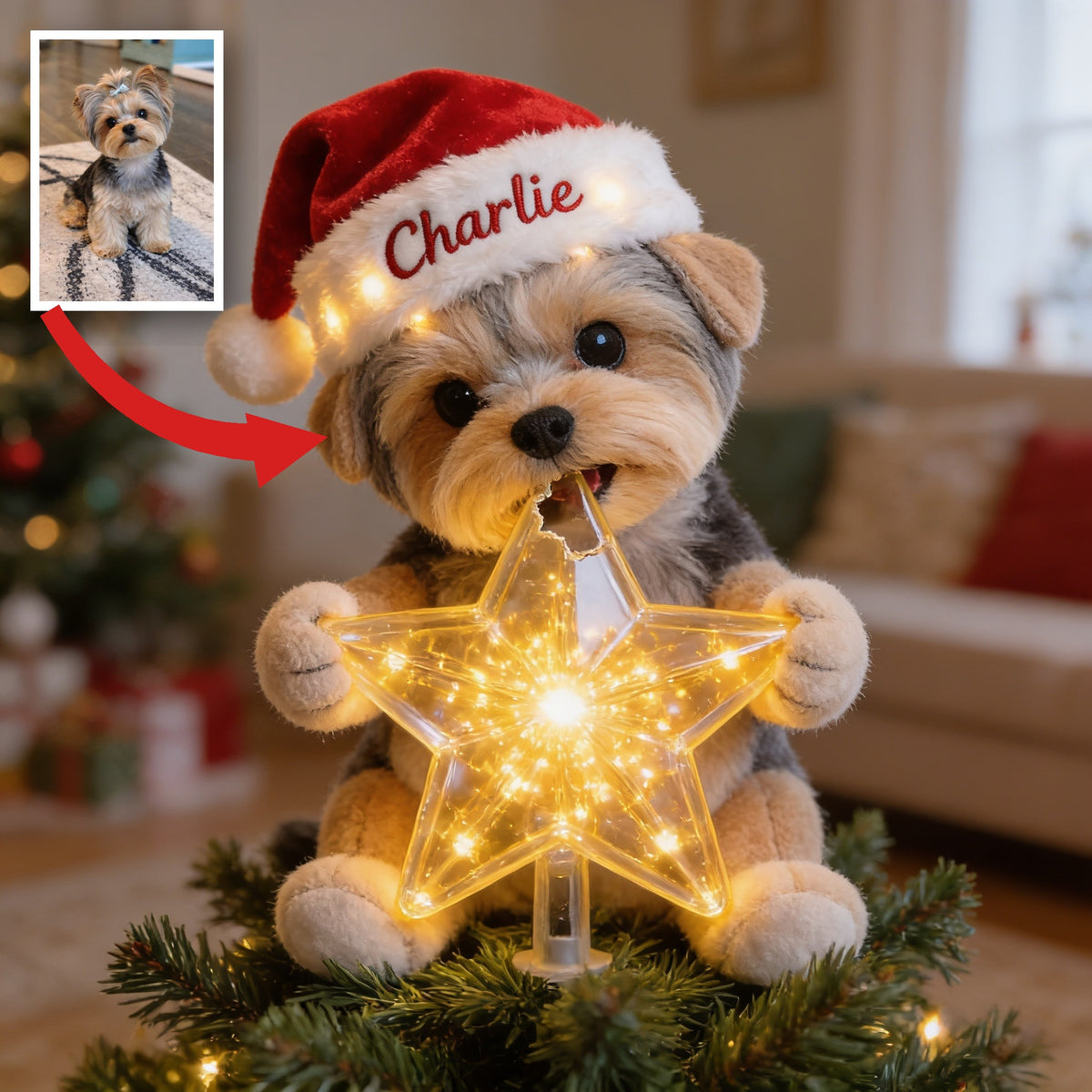 Personalized Christmas Yorkshire Terrier LED Light Tree Topper Dog Lover Gift