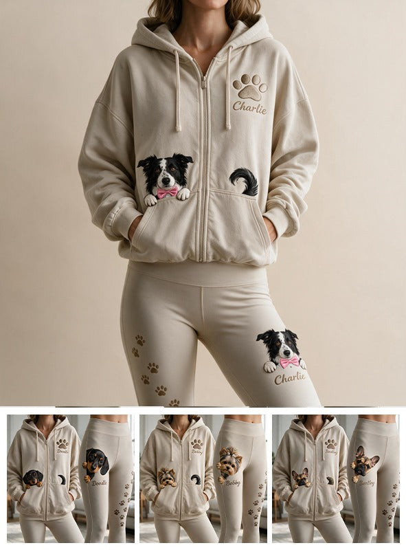Personalized Black and White Border Collie Zip Hoodie & Leggings Loungewear Set