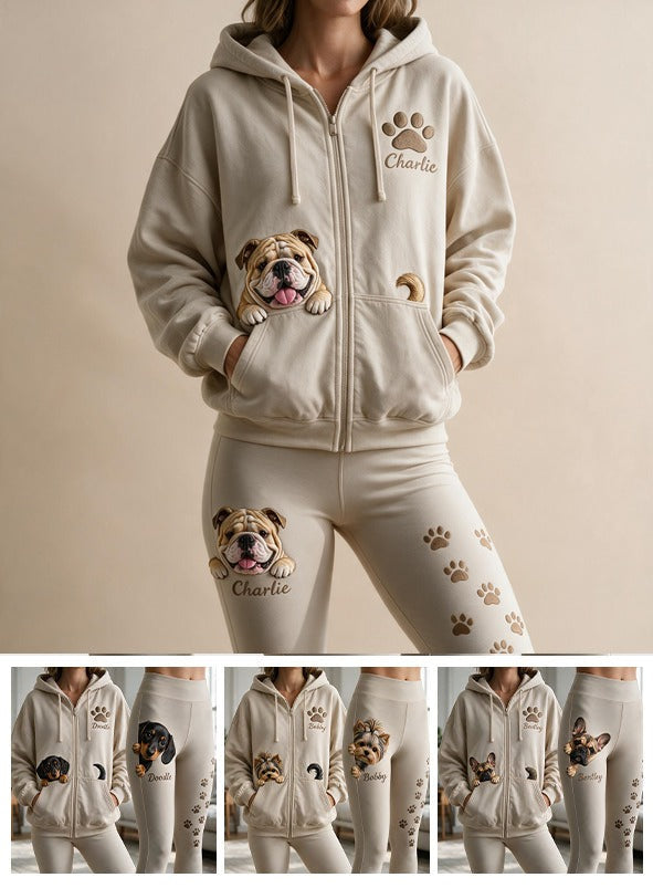 Personalized Fawn & White Adult Bulldog Zip Hoodie & Leggings Set Dog Owner Gift