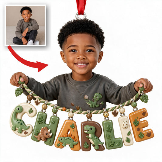 Personalized Black Little Boy Name Ornament Dinosaur Gift for Son Grandson Nephew
