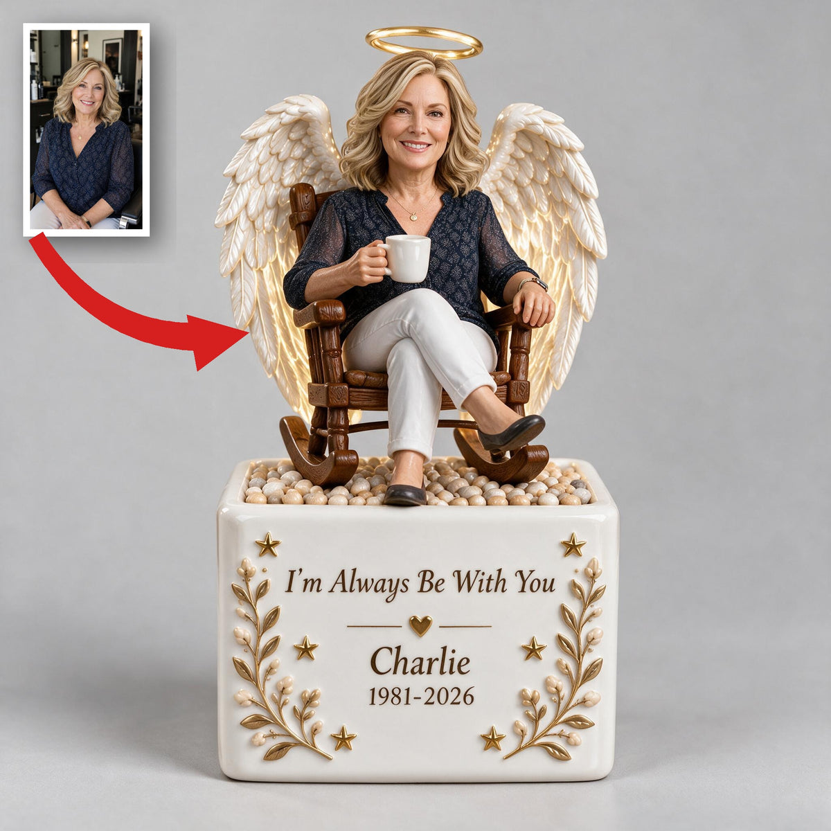 Personalized Middle-Aged Woman Memorial LED Light Ceramic Pot, Mom Wife Keepsake