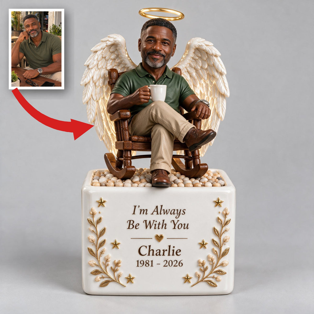 Personalized Memorial Middle-Aged Black Man LED Light Ceramic Pot Keepsake