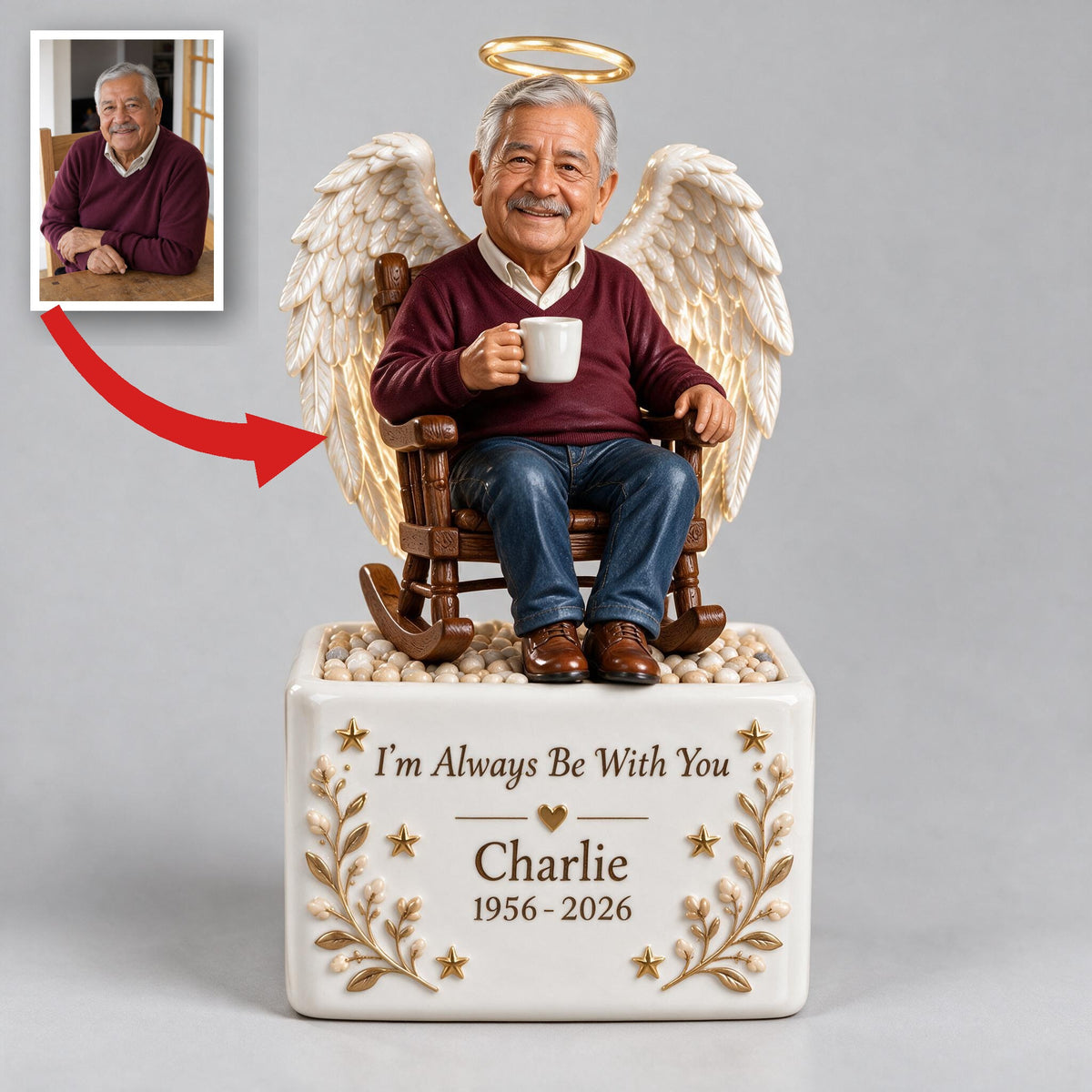 Personalized Older Latino Man Grandpa Memorial LED Light Ceramic Pot