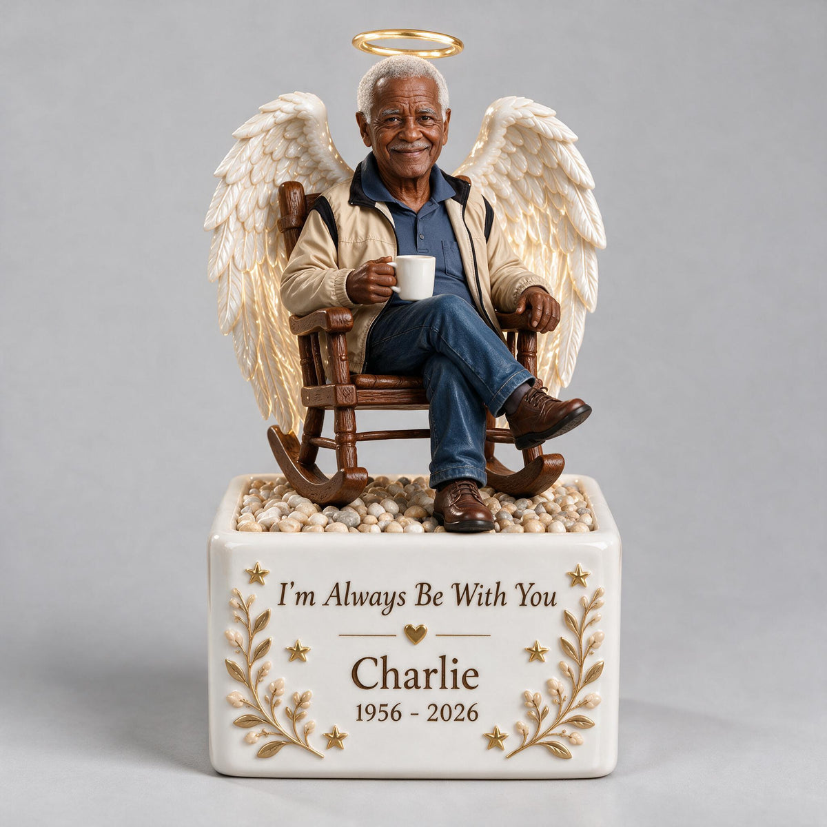 Personalized Memorial Older Black Man Grandpa LED Light Ceramic Pot