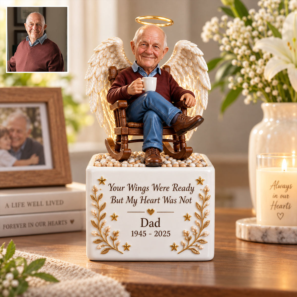 Personalized Memorial Middle-Aged Black Man LED Light Ceramic Pot Keepsake
