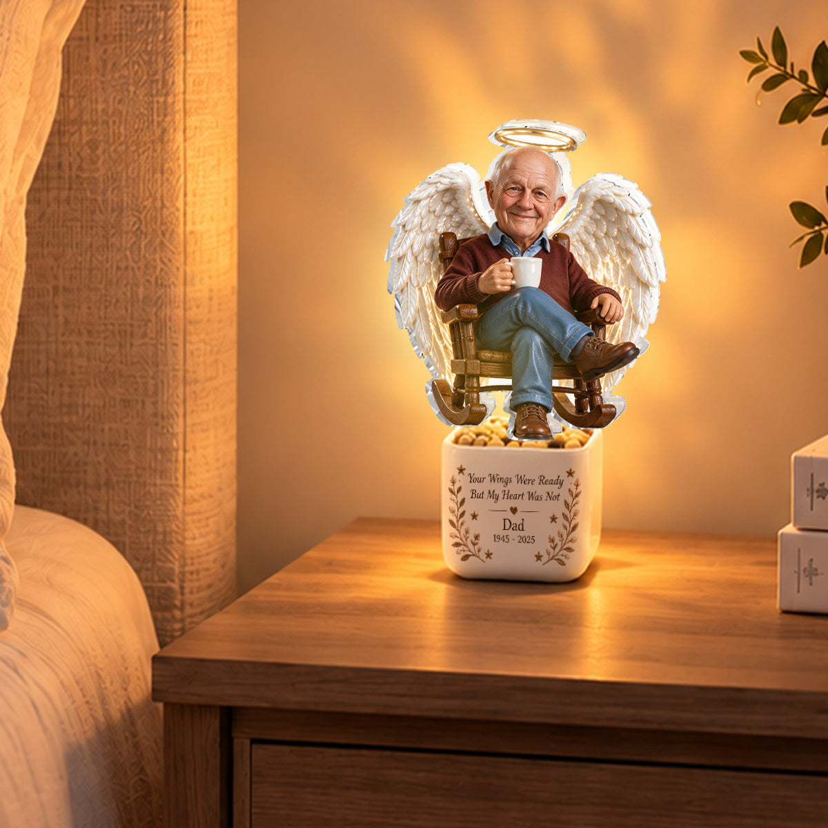 Personalized Older Man Memorial LED Light Ceramic Pot Grandpa Keepsake Gift