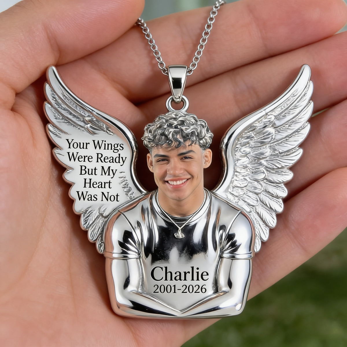 Personalized Memorial Latino Man Angel Wings Pendant Necklace