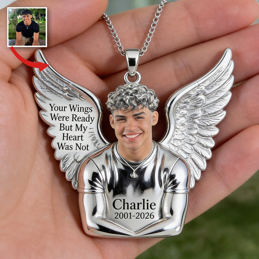 Personalized Memorial Latino Man Angel Wings Pendant Necklace