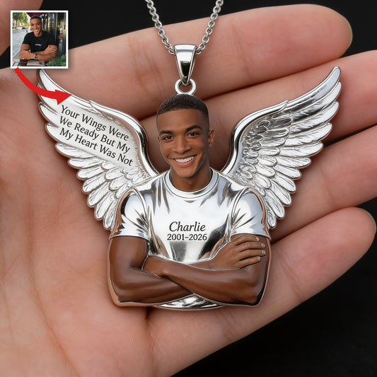 Personalized Memorial Black Man Angel Wing Pendant Necklace Remembrance Keepsake
