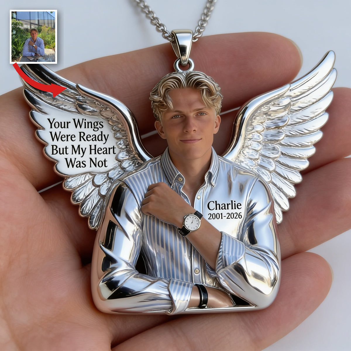 Personalized Memorial Man Angel Wing Metal Pendant Necklace