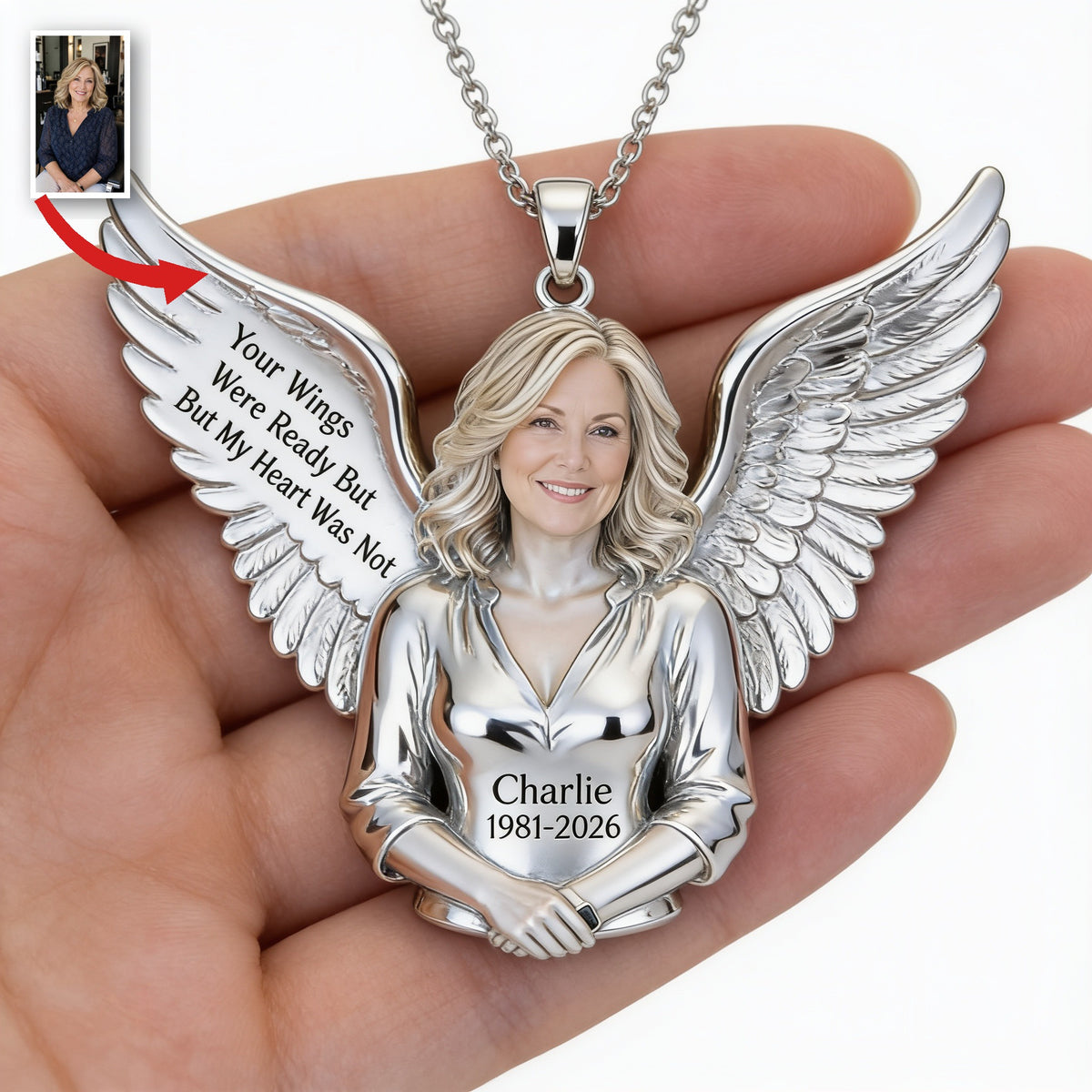 Personalized Middle-Aged Woman Memorial Winged Pendant Necklace, Mom Wife Sympathy Keepsake