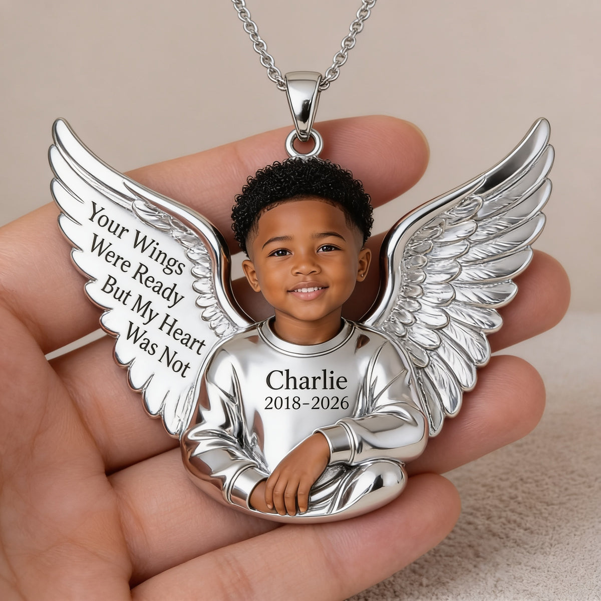 Personalized Black Little Boy Memorial Winged Metal Pendant Necklace Sympathy Gift