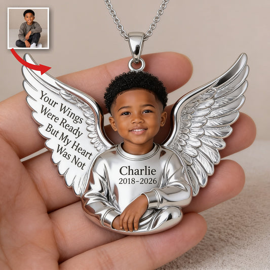 Personalized Black Little Boy Memorial Winged Metal Pendant Necklace Sympathy Gift
