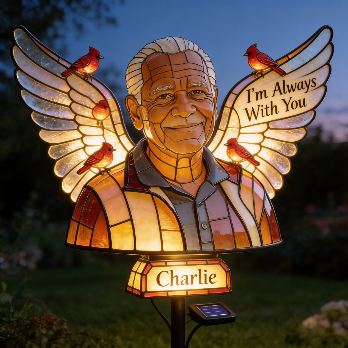 Personalized Older Black Man Grandpa Memorial Garden Solar Light