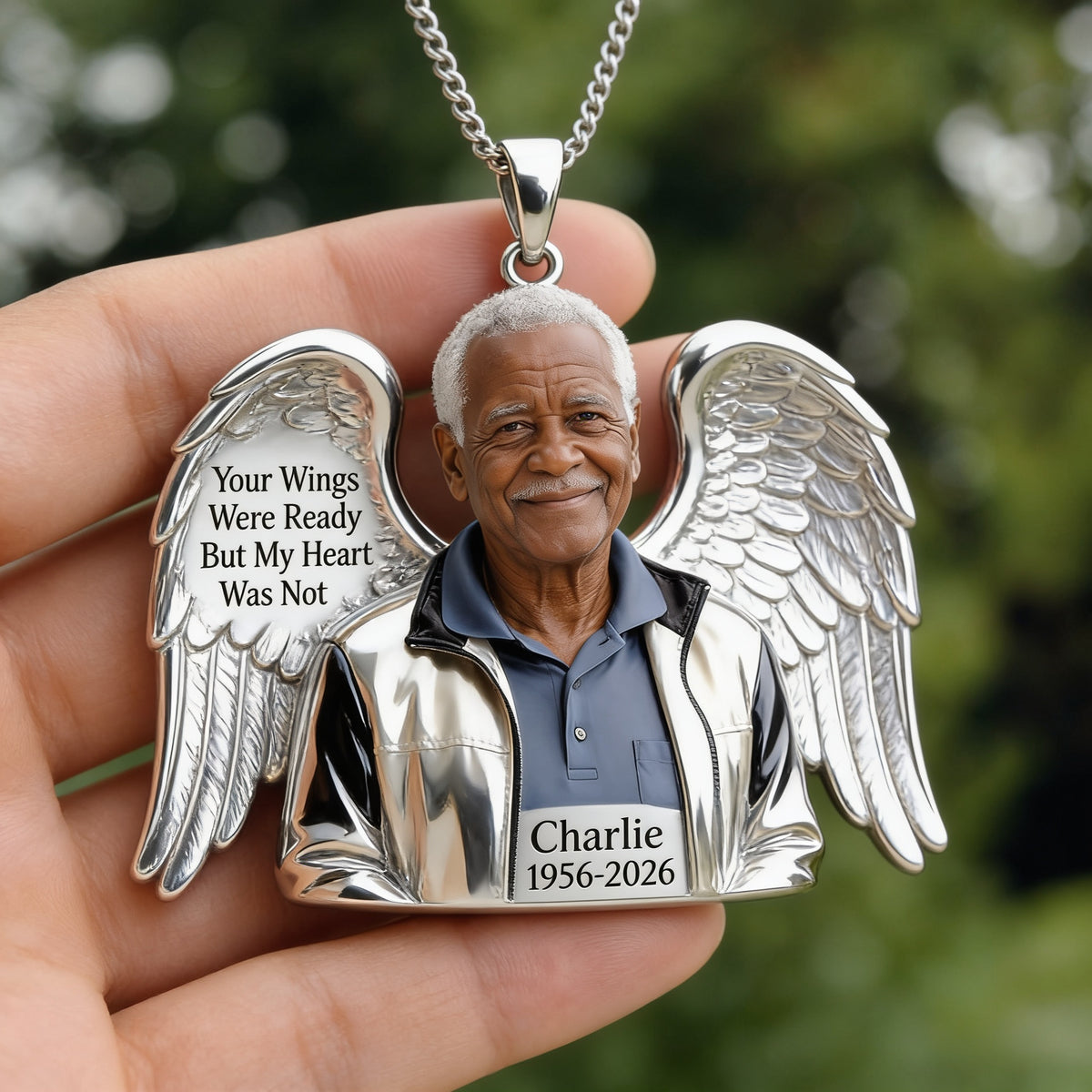 Personalized Older Black Man Grandpa Memorial Angel Wing Pendant Necklace