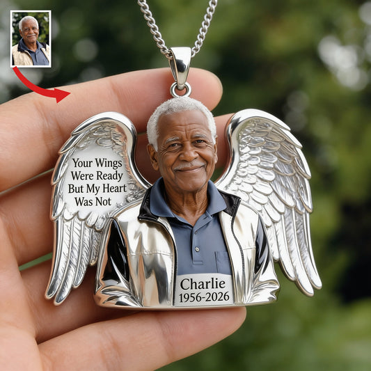 Personalized Older Black Man Grandpa Memorial Angel Wing Pendant Necklace