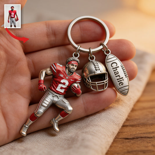 Personalized Black American Football Player Keychain with Charms Football Fan Gift