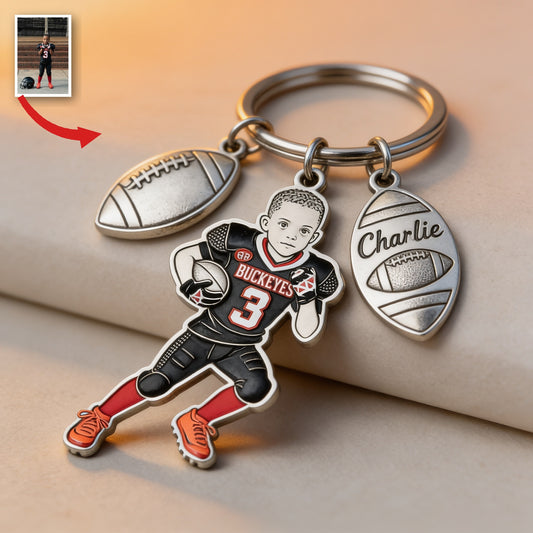 Personalized Black Youth American Football Player Keychain With Charms
