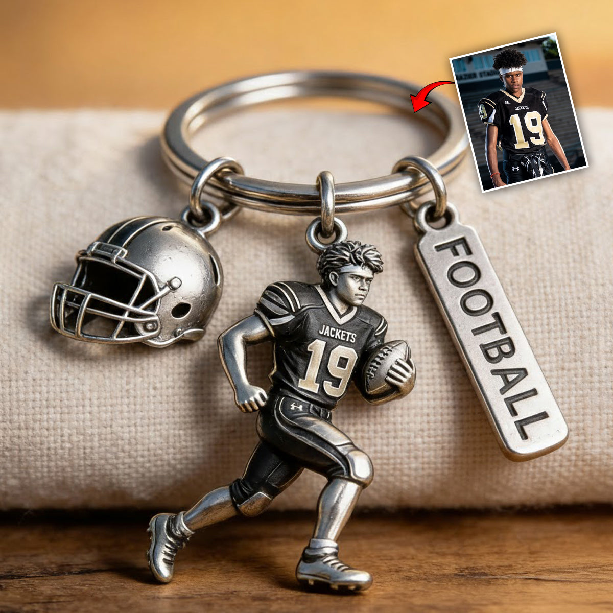 Personalized Black American Football Player Keychain with Charms Football Fan Gift