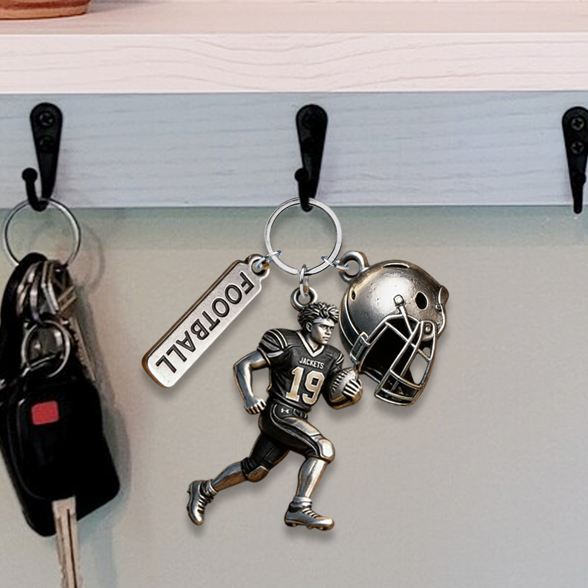 Personalized Black American Football Player Keychain with Charms Football Fan Gift