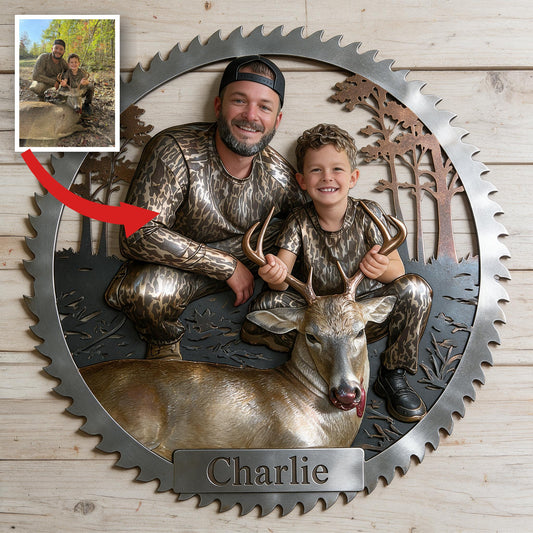 Panneau Métallique Décoratif Personnalisé Chasseur et Enfant avec Cerf
