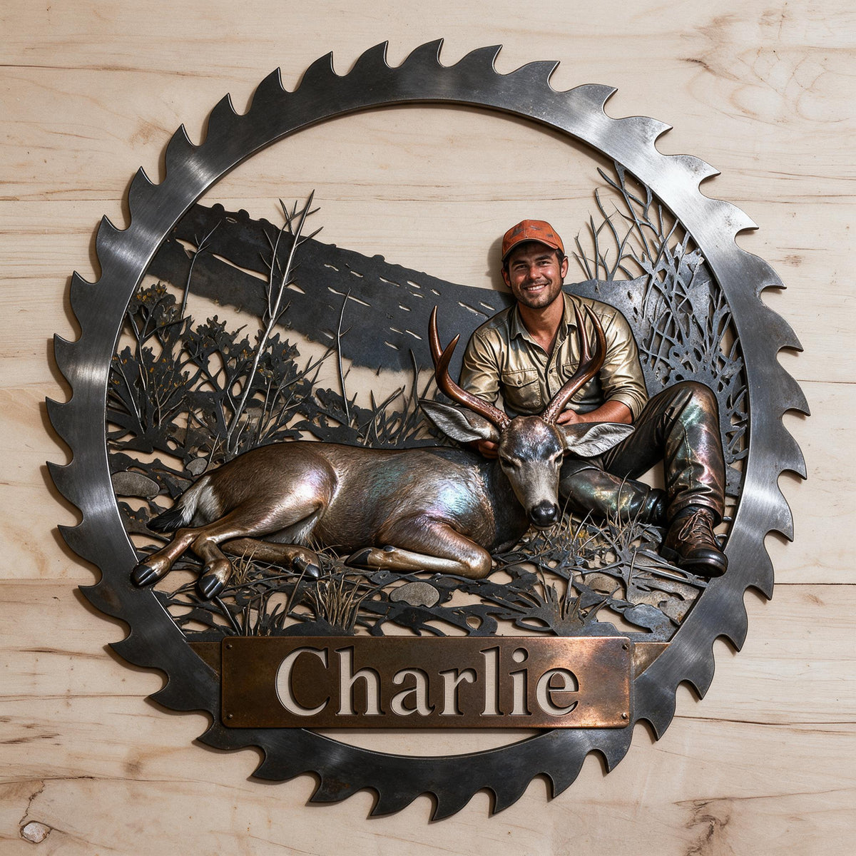 Personalized Latino Hunter with Deer 3D Cut Metal Sign Hunting Wall Decor