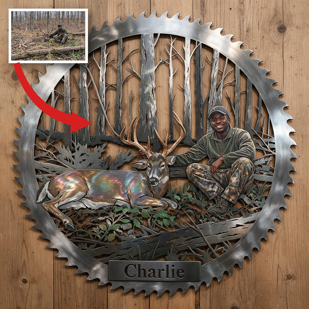 Personalized Black Hunter with Deer 3D Cut Metal Sign Hunting Wall Decor
