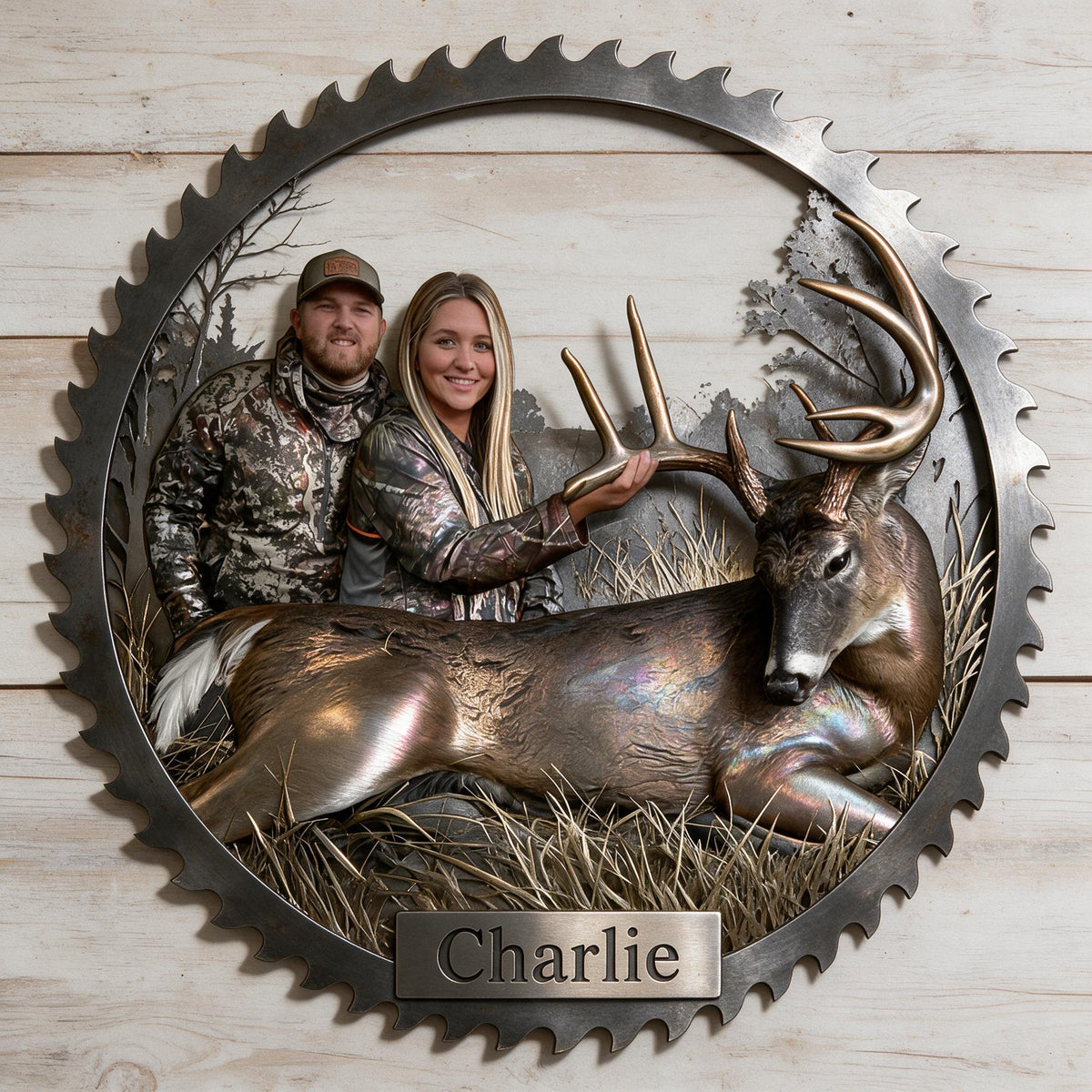 Personalized Hunting Couple with Deer 3D Cut Metal Sign Hunting Wall Decor