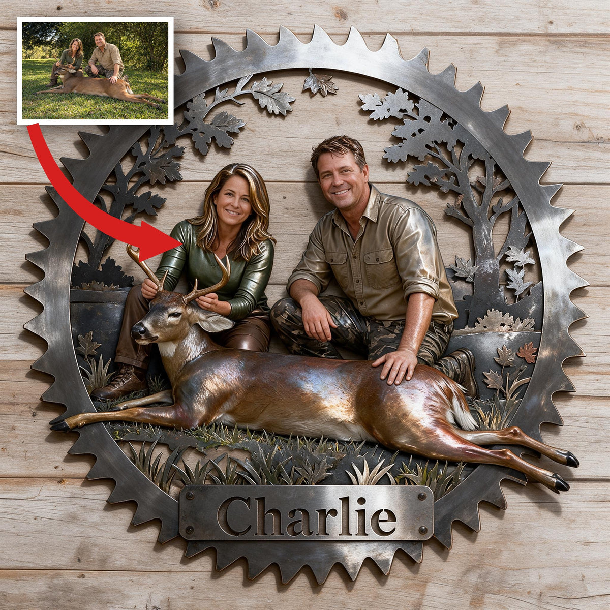 Personalized Middle-Aged Hunting Couple with Deer 3D Cut Metal Sign Wall Decor