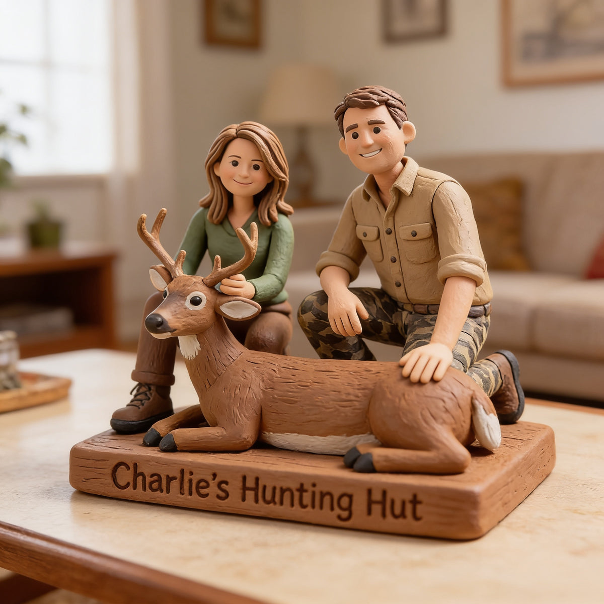 Personalized Middle-Aged Hunting Couple with Deer Custom Shaped Acrylic Plaque Hunting Gift