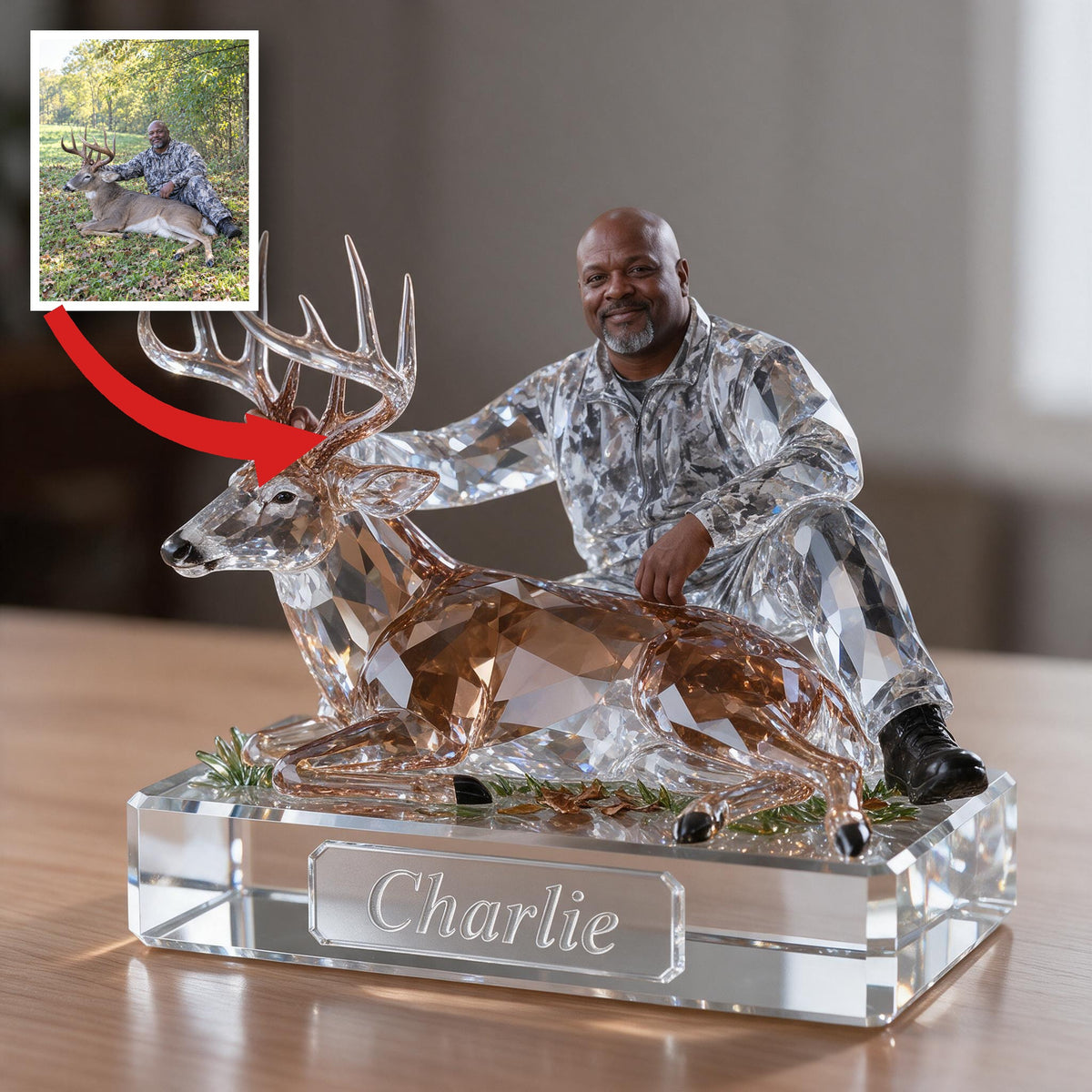 Personalized Middle-Aged Black Hunter with Deer Custom Shaped Acrylic Plaque Hunting Gift
