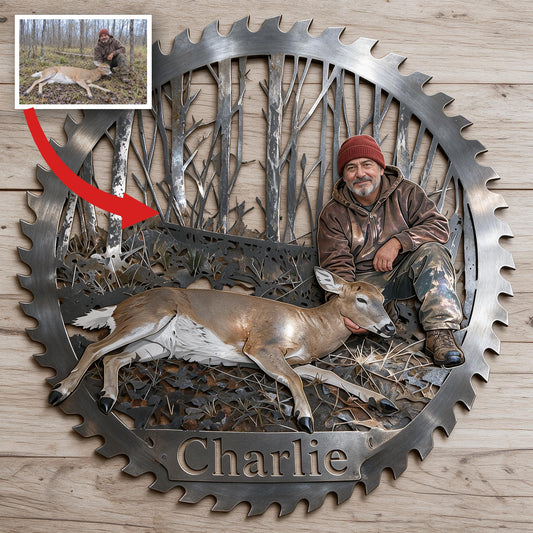 Panneau Métallique Décoratif Personnalisé Chasseur Latino d'Âge Moyen avec Cerf