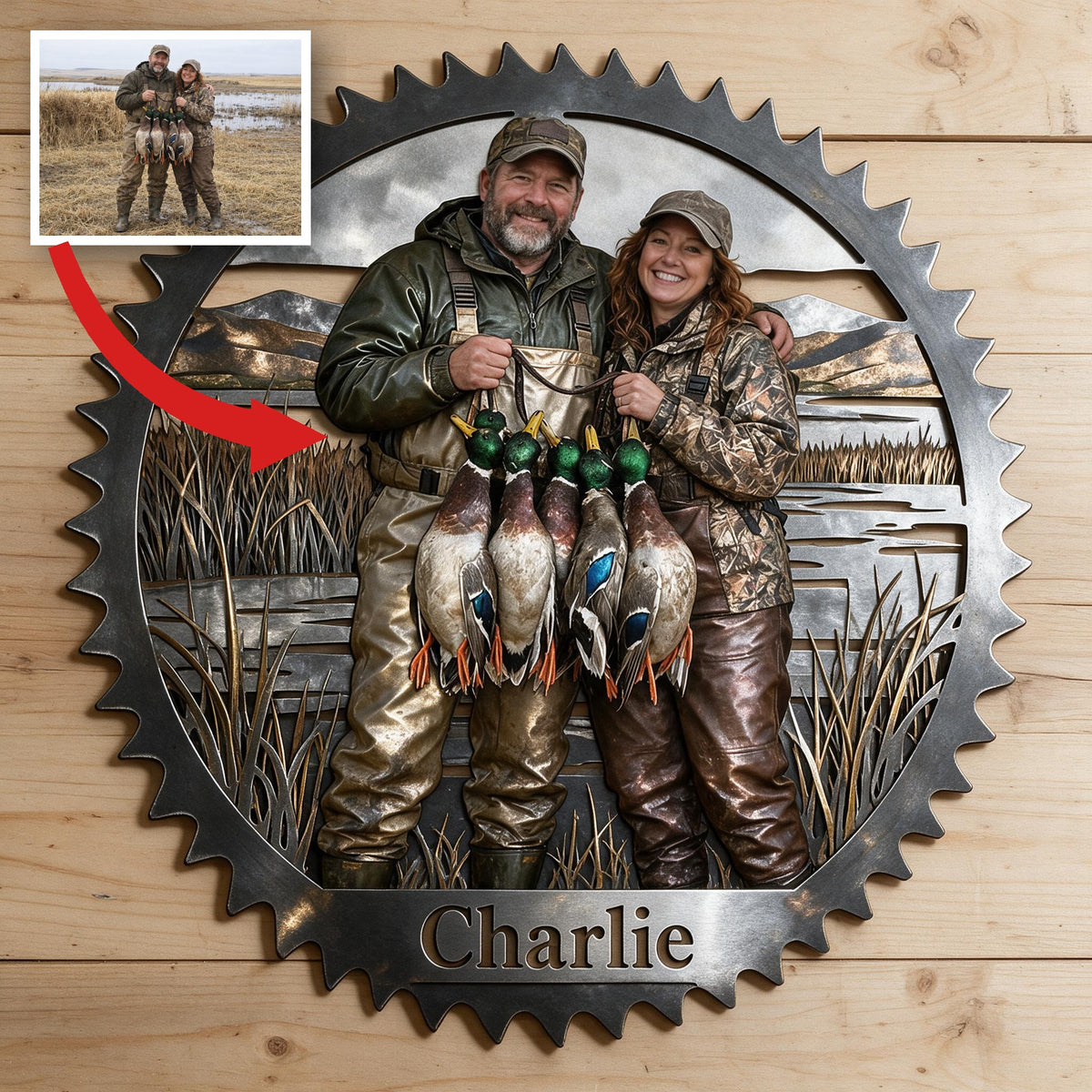 Personalized Middle-aged Duck Hunting Couple 3D Cut Metal Sign Hunting Wall Decor