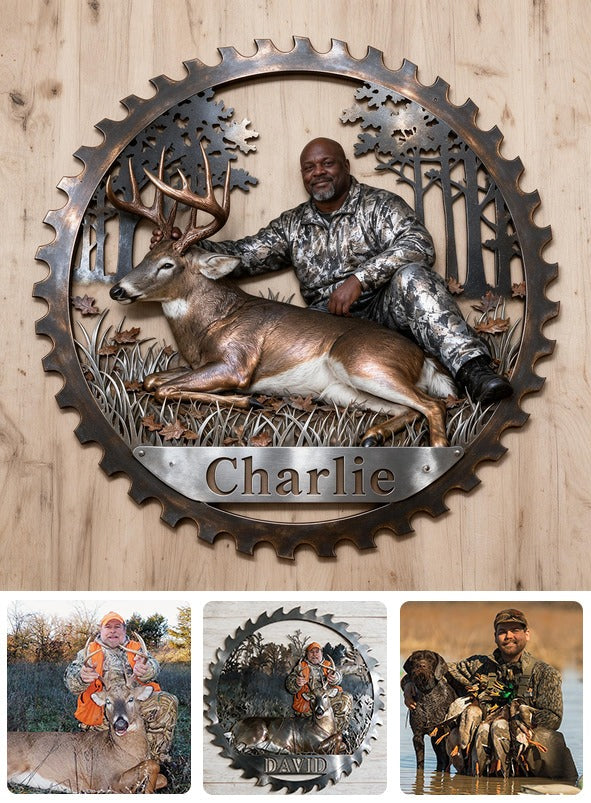 Personalized Middle-Aged Black Hunter with Deer 3D Cut Metal Sign Hunting Wall Decor