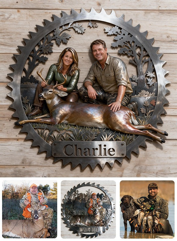 Personalized Middle-Aged Hunting Couple with Deer 3D Cut Metal Sign Wall Decor