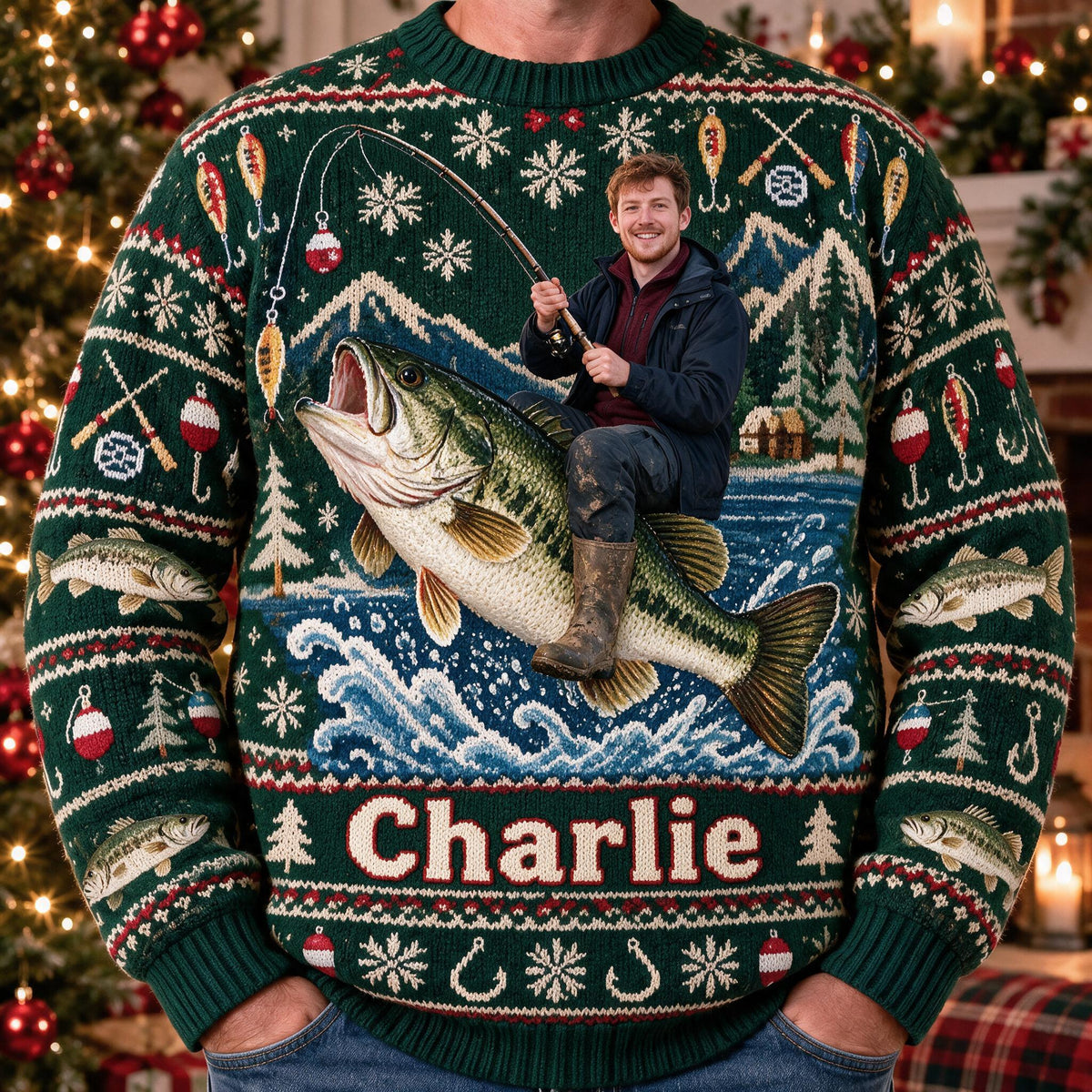 Personalized Christmas Fisherman Riding Fish Ugly Sweater