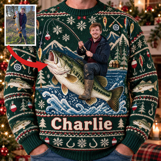 Personalized Christmas Fisherman Riding Fish Ugly Sweater