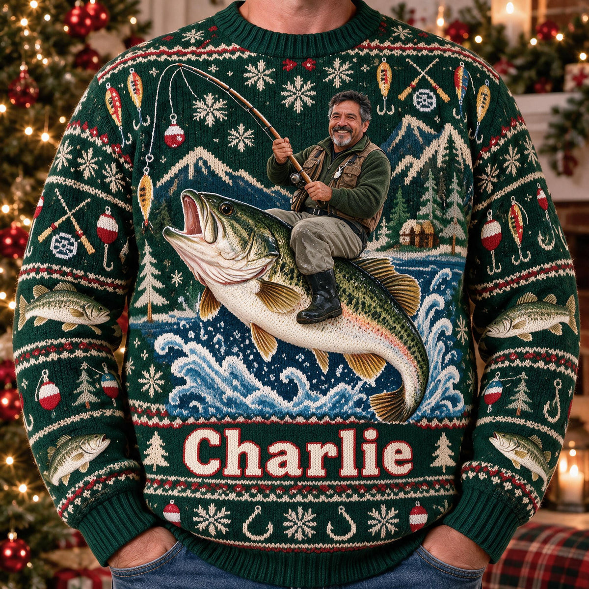 Personalized Christmas Middle-Aged Latino Fisherman Fishing Ugly Sweater