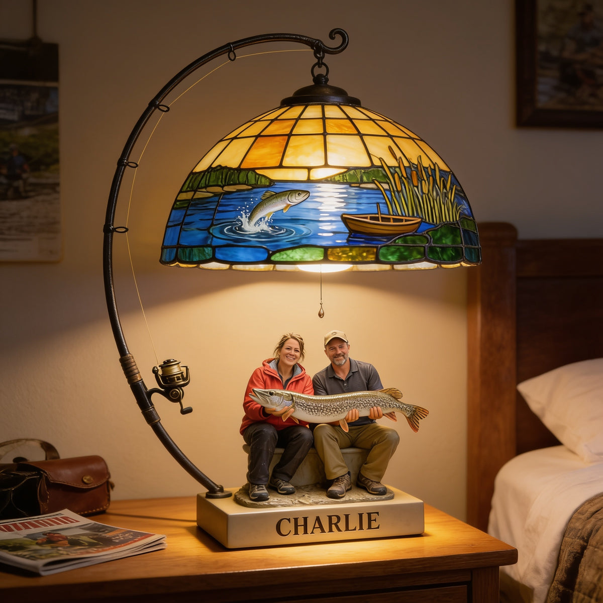 Personalized Middle-Aged Fishing Couple Acrylic LED Night Light Fishing Lover Gift