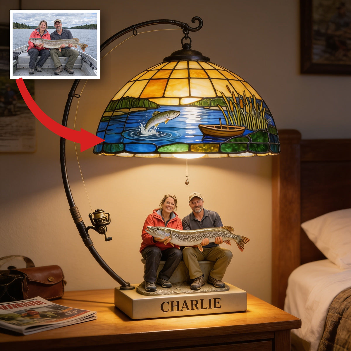 Personalized Middle-Aged Fishing Couple Acrylic LED Night Light Fishing Lover Gift