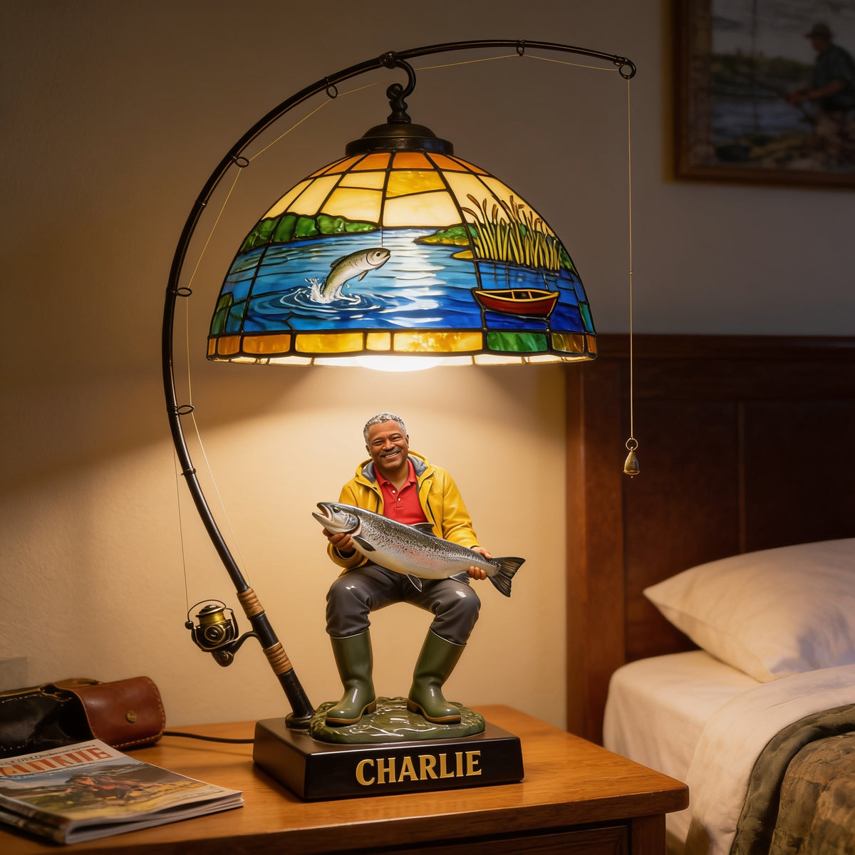 Personalized Middle-Aged Black Fisherman Acrylic LED Night Light Fishing Lover Gift