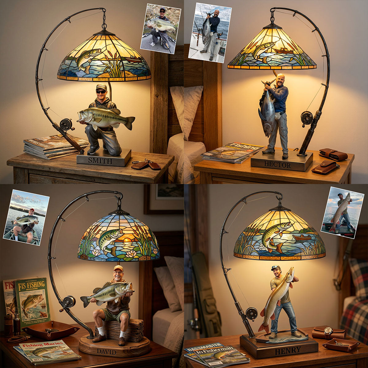 Personalized Middle-Aged Black Fisherman Acrylic LED Night Light Fishing Lover Gift