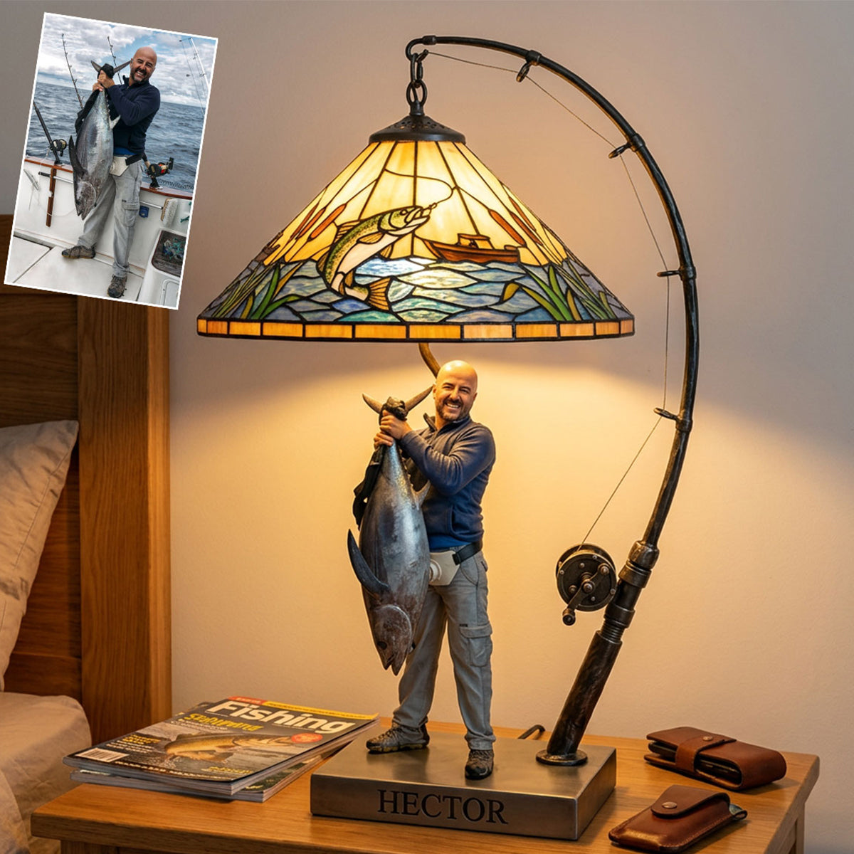 Personalized Middle-Aged Black Fisherman Acrylic LED Night Light Fishing Lover Gift