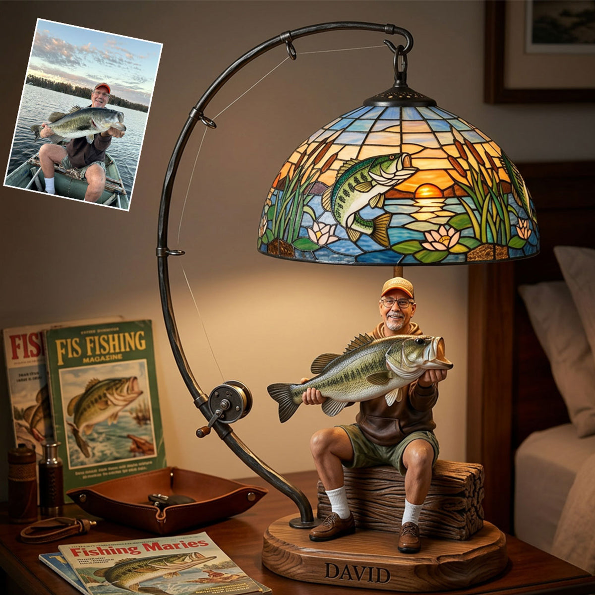Personalized Middle-Aged Black Fisherman Acrylic LED Night Light Fishing Lover Gift