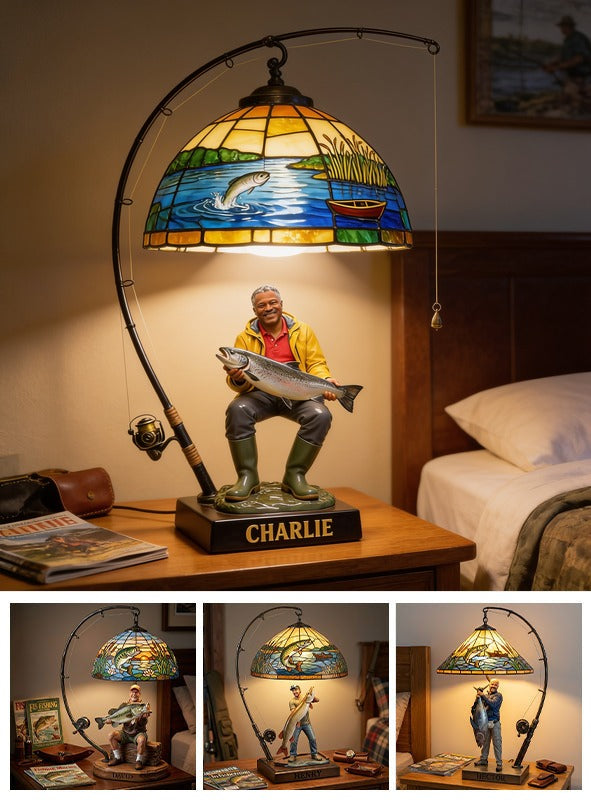 Personalized Middle-Aged Black Fisherman Acrylic LED Night Light Fishing Lover Gift