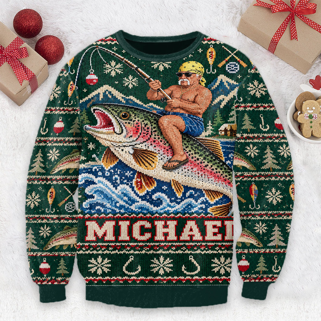 Personalized Christmas Fisherman Riding Fish Ugly Sweater