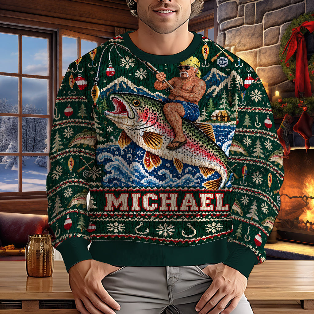 Personalized Christmas Middle-Aged Latino Fisherman Fishing Ugly Sweater