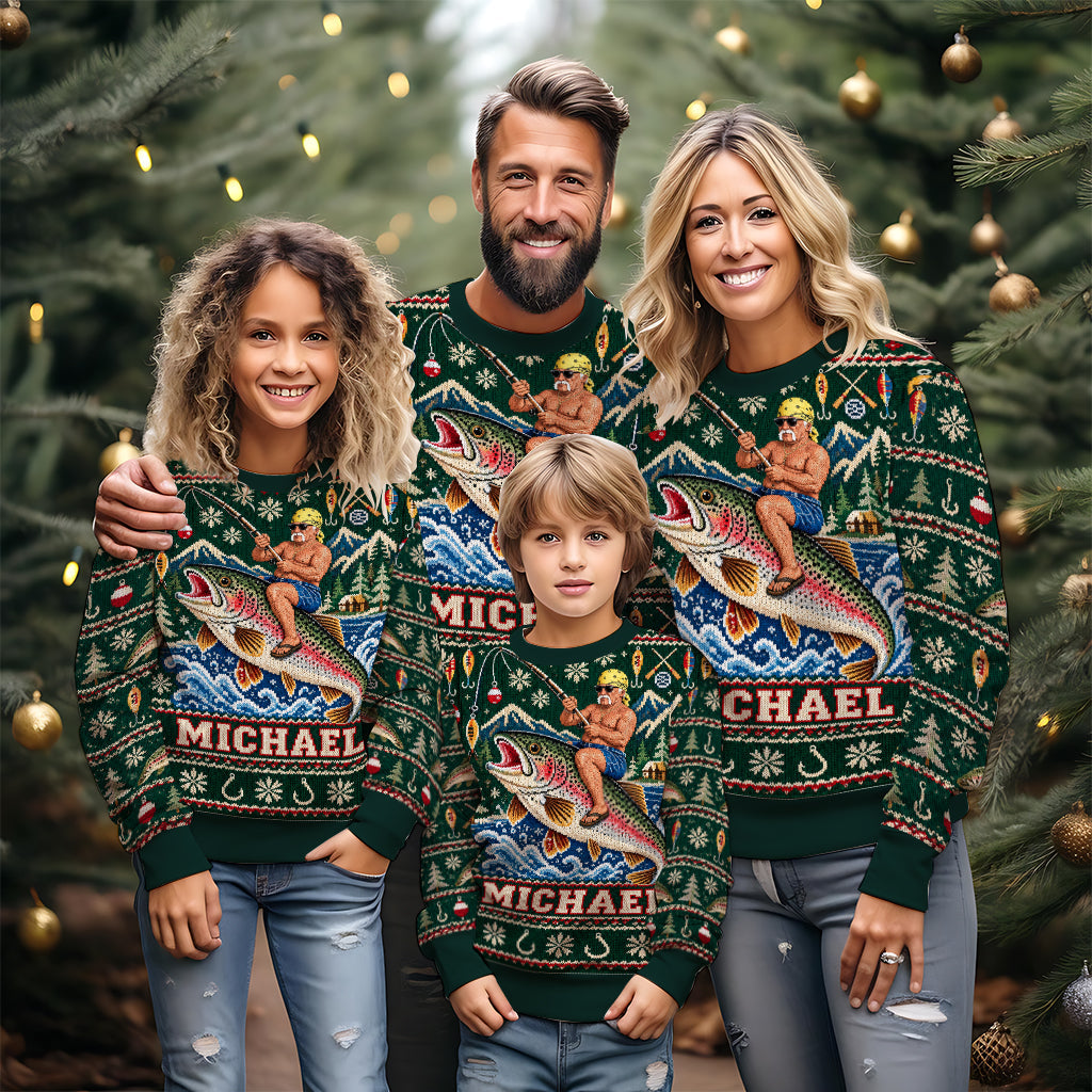 Personalized Christmas Fisherman Riding Fish Ugly Sweater
