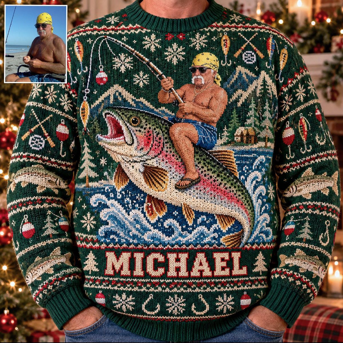 Personalized Christmas Middle-Aged Latino Fisherman Fishing Ugly Sweater