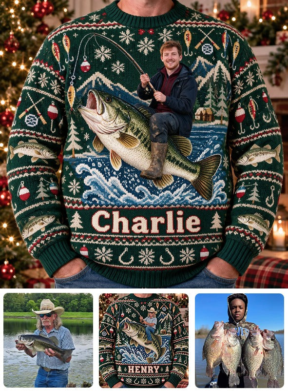 Personalized Christmas Fisherman Riding Fish Ugly Sweater